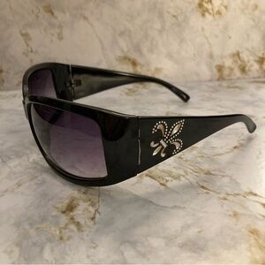Vintage Black Sunglasses with Rhinestone Fleur de Lis